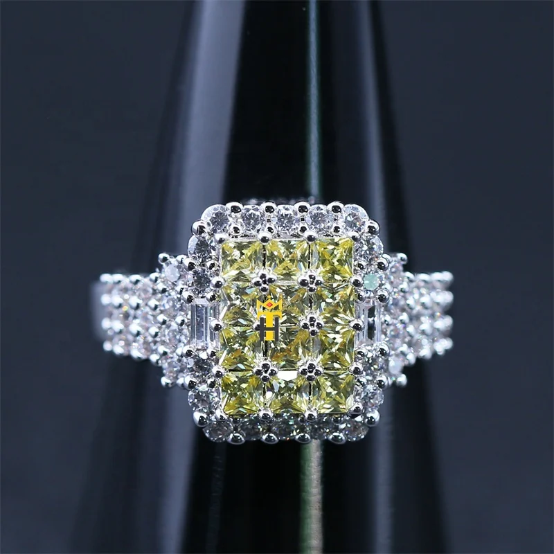 Lab diamond citrine cz ring silver gold plated square shaped zircon ring custom crystal iced out hip hop ring