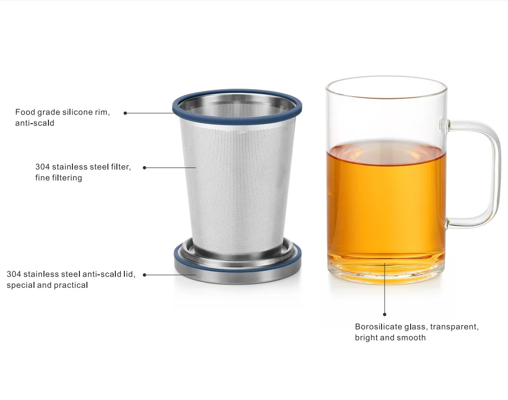 2022 Samadoyo tea glass with Upgraded strainer and stainless steel lid 450ml for loose tea or bags