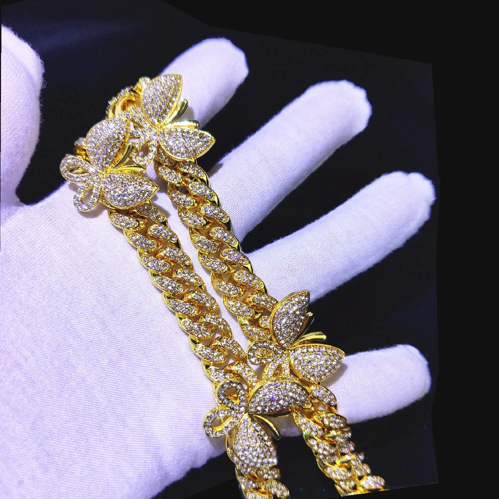 Custom Ice Out Cuban Link Chain Butterfly Charms Necklace Jewelry