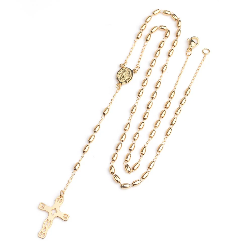 LineAve Women Gold Plated Stainless Steel Catholic Rosary Oval Beads Cross Necklace