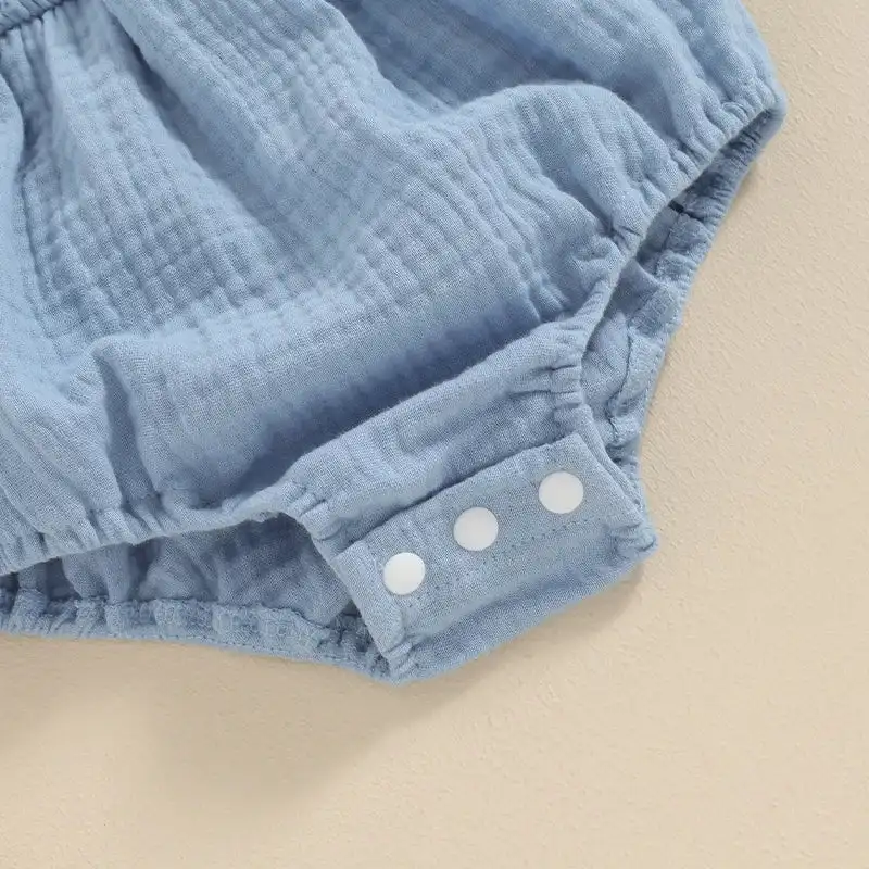 Flutter Sleeve Summer Plain Baby Girls Clothes Custom Ruffle Child Bubble Rompers Ruched Kids Muslin Onesie Overalls
