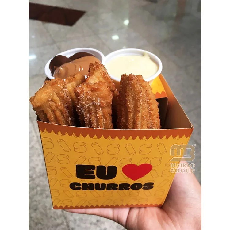 Custom Food Take Away French Fries Paper Box Disposable Paper Churros Box With Dip Sauce Holes Cones Packaging Box For Churros