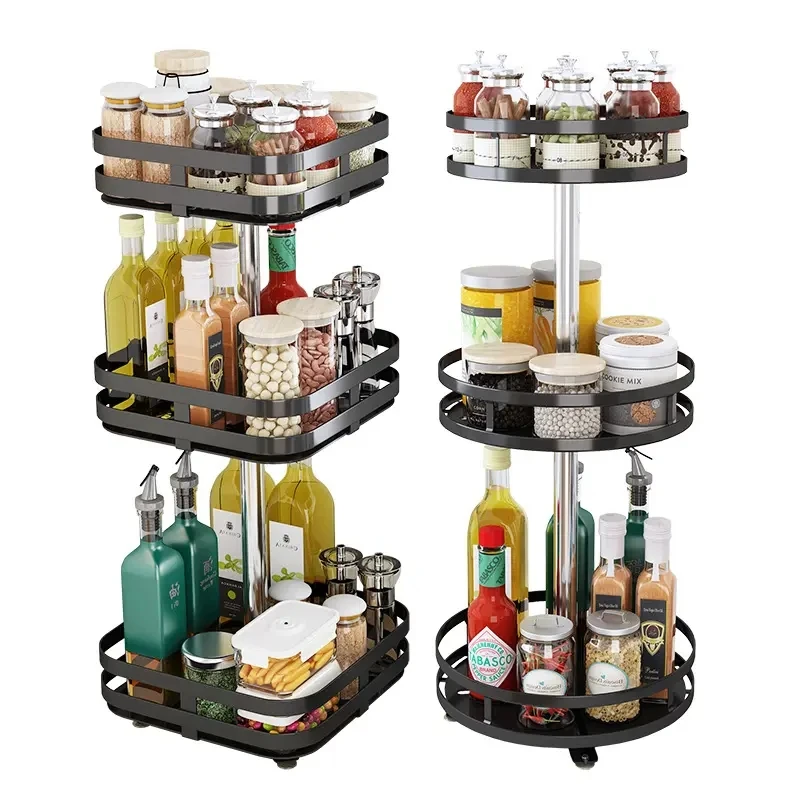 1/2/3 Tier Lazy Susan Organizer Spinning Rack for Cabinet Metal Black Kitchen Turntable Spice Racks Free Standing for Cupboard