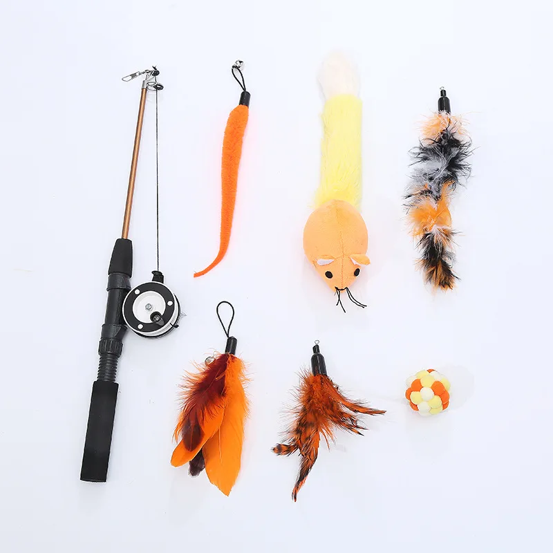 New Arrival Cat Teasing Toy Feather Tease Cat Stick Telescope Stick 7pcs Replacement Head