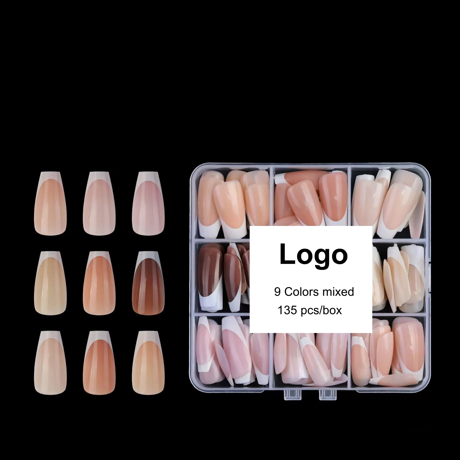 New 135 Pcs/Box 9 Color Mixed Color French Tips Square Almond Full Cover Press On Nails For Nail Art Or Toes