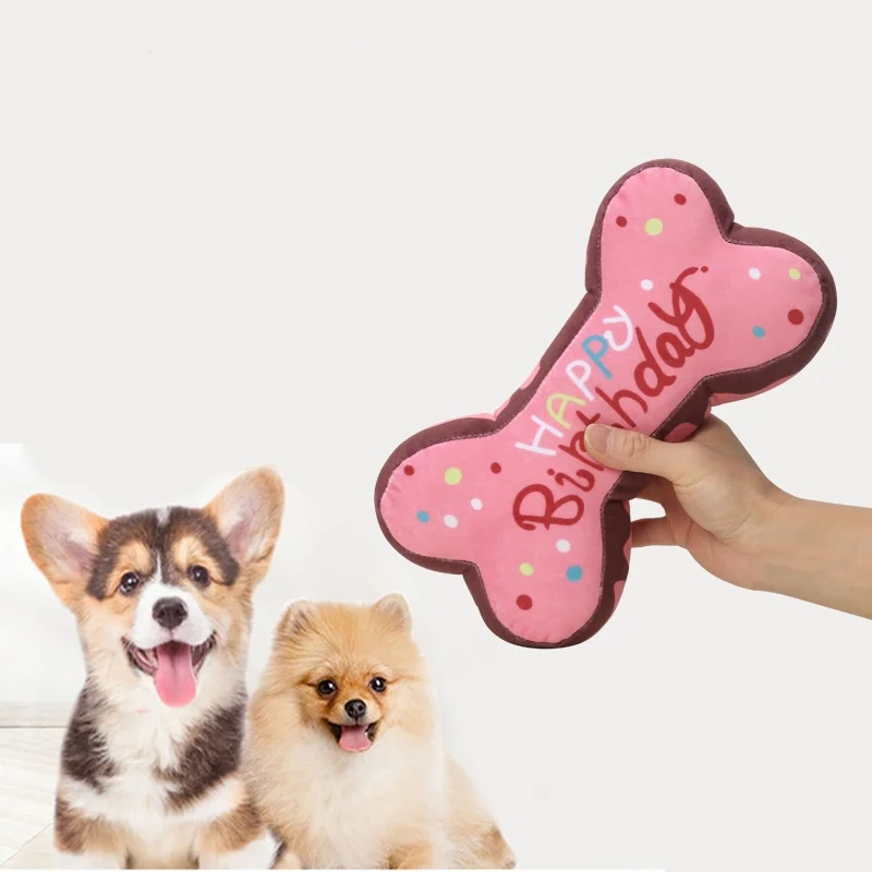Wholesale Dog and Cat Bone Shape Birthday Cake Gift Pet Supplies Squeak Toy Molar Teeth Stuffed Plush Toy