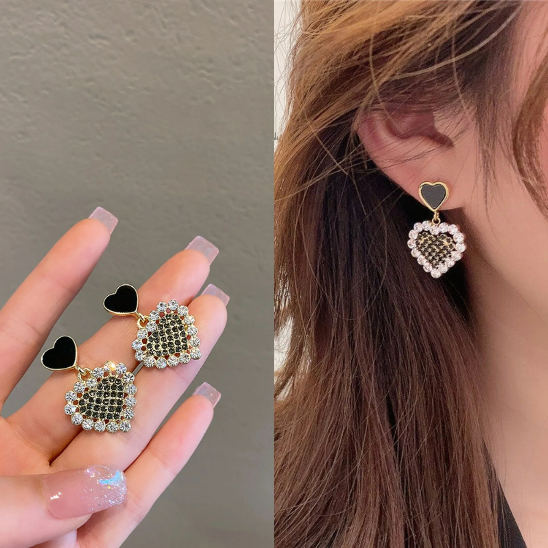 Korean Chic Fashion Crystal Rhinestone Black Heart Shaped Dangle Stud Earrings for Women Girls Jewelry