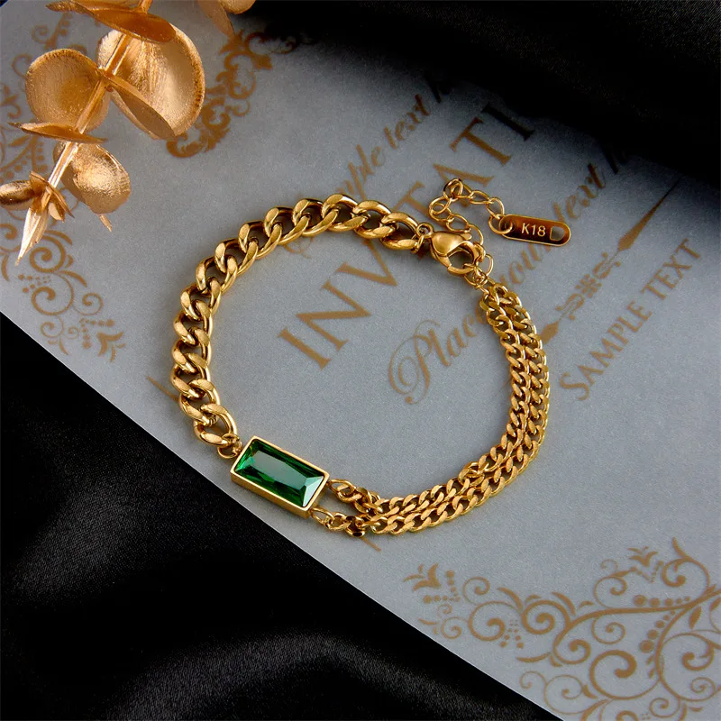 Vintage Stainless Steel Square Green Zircon Gemstone 18K Gold Plated Cuban Link Chain Luxury  Men Charm Bracelet Women AM1011005