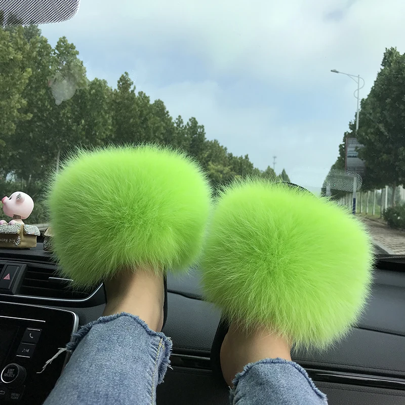 2022 Wholesale Design Fluffy Fox Fur Indoor Slippers Brown Raccoon Furry Real Fur Slides for Women with Logo