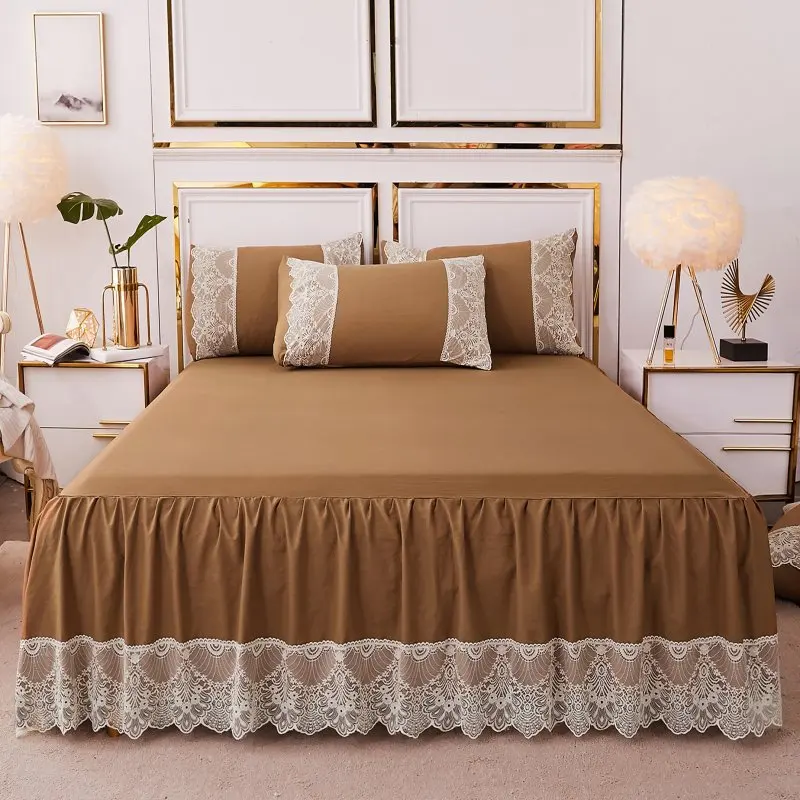 wholesale hotel wedding 100%Cotton luxury modern solid color Lace bed cover fitted skirt sheets 3pcs Bedding Bedspread sets
