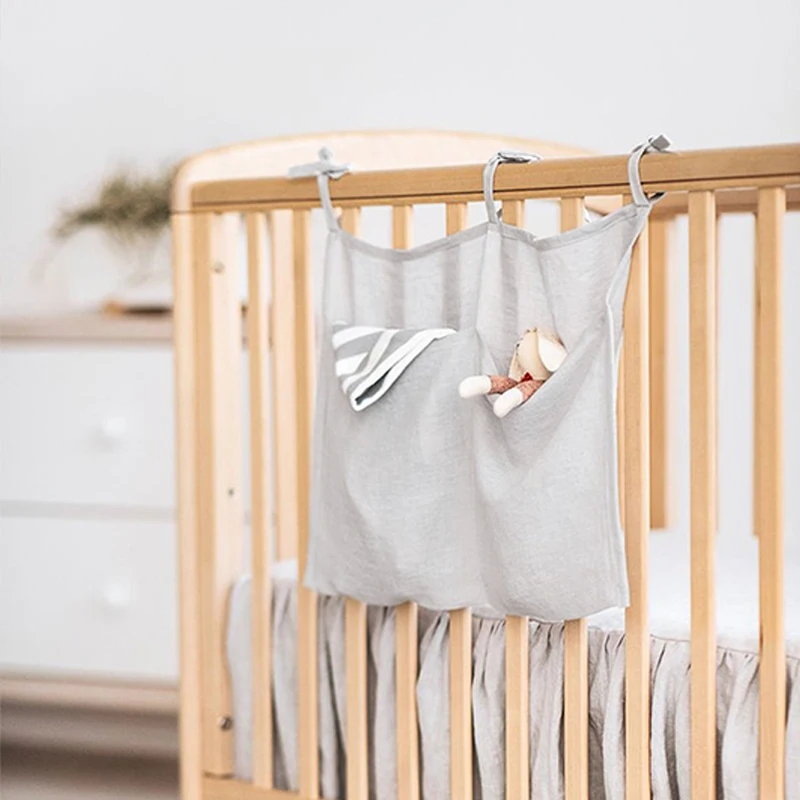 Crib Side Hanging Storage Bag 100 % pure Linen 2 Pocket Organizer and For Crib Multi-Functional Diaper Bag