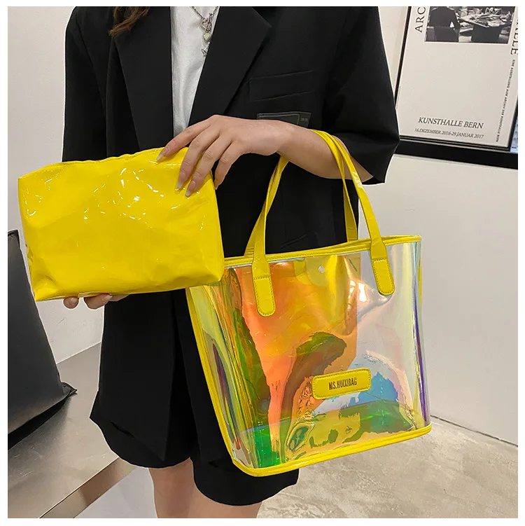 2Pcs in 1 Set Elegant Custom Ladies Shoulder Tote Bag Transparent Beach Holographic PVC Women Jelly Handbag With Small Purse