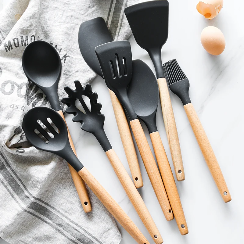 9Pcs Kitchen Utensils Set Cheap Non-stick Heat Resistant Silicone Frying Shovel Cooking Tools With Wooden Handles 1788