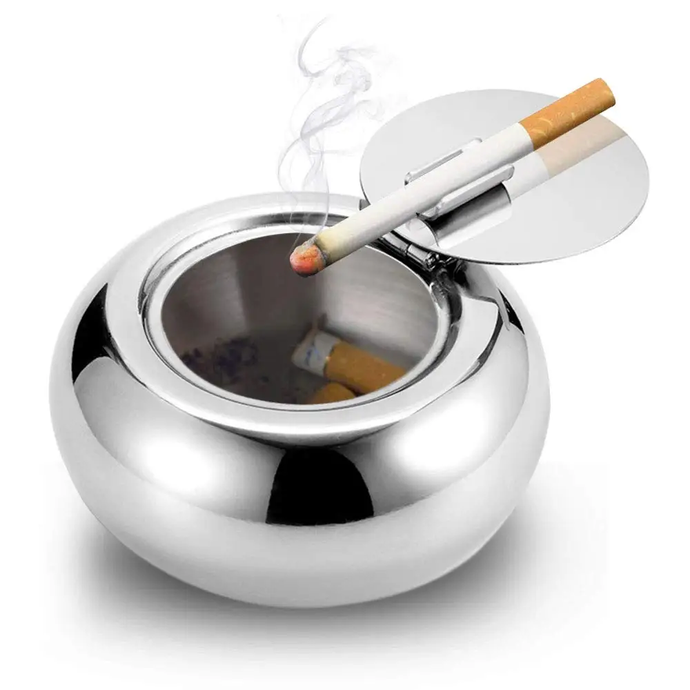 Newness Stainless Steel Modern Tabletop Ashtray with Lid, Cigarette Ashtray for Indoor or Outdoor Use, Ash Holder for Smokers, D