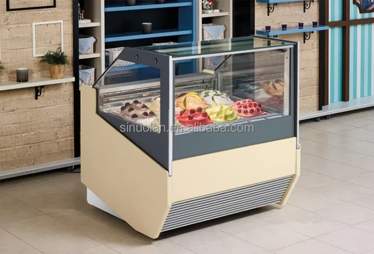 Curved Glass Door Countertop Display Freezer Ice Cream Fridge Machine 16 Pans Storage Container