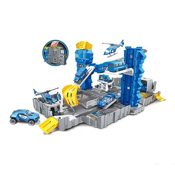 three topic fire control & city free wheel cars plastic toy parking lot