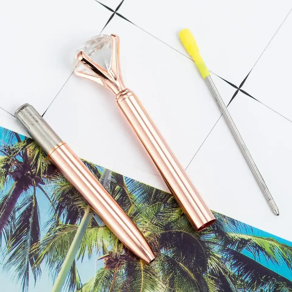 Ballpoint Brand Pens Crystal Big Diamond Beadable Metal Luxury Promotional Customized Gold Feather Novelty Pens Black Pens 18g