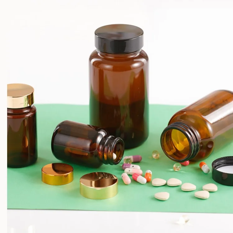 Factory Wholesale 60 80 100 120 150 200 250ml Tablets Pill Bottle With Gold Cap Amber Capsule Supplement Bottle