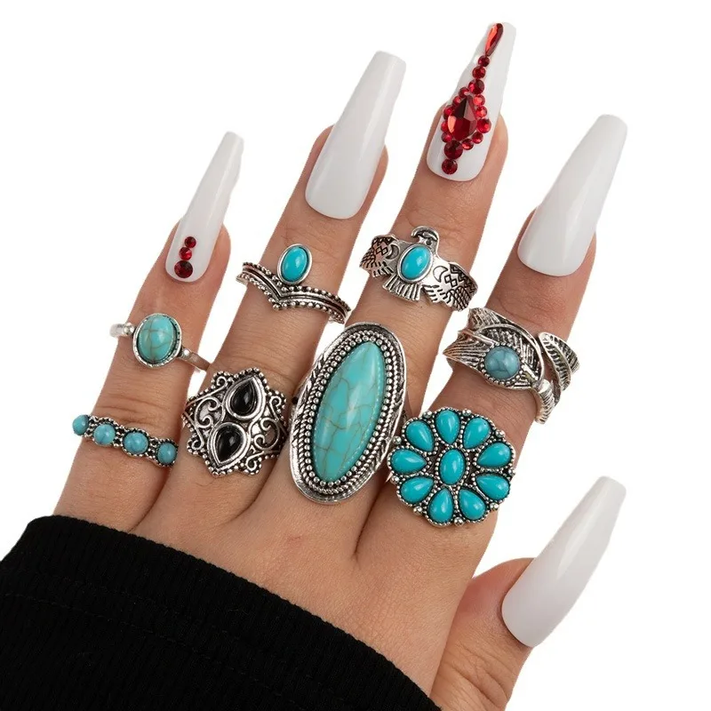 Ethnic Style Vintage Inlaid Turquoise Carved Feather Ring Classic 8-Piece Combination Ring Suit Fashion Personality Main Alloy