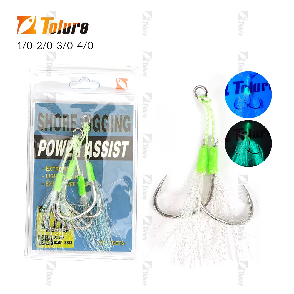 High quality 1/0 2/0 3/1 4/0 Luminous  Double hook  Cast Long Jig Assist Hook   High Carbon Steel Jig Lure Sea Fishing Hooks