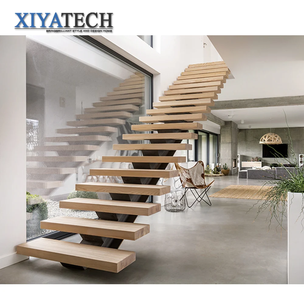 Solid Wood Staircase Non Slip Floating Stairs Steel High Quality Custom Safety Luxury Modern Structure Indoor More Than 5 Years