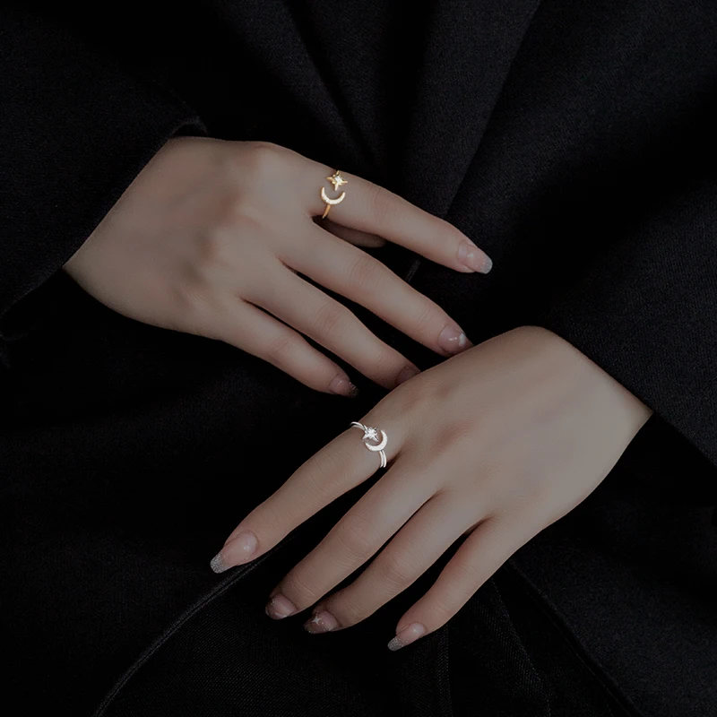 Customized Hot sale 925 silver simple diamond inlaid star moon ring trend single ring