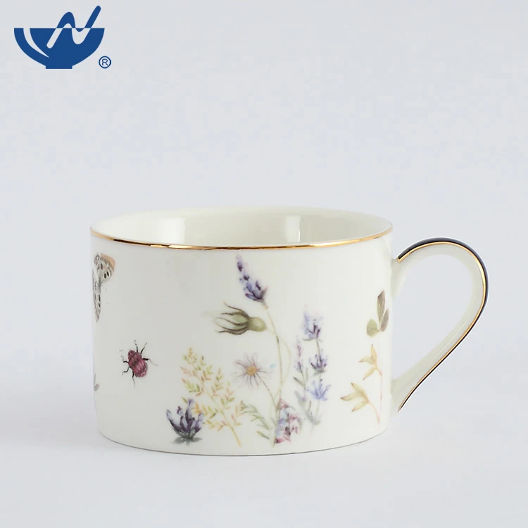 Personalized Gold Rim Coffee Cup Set Luxury Fine Bone China Flat Ceramic Tea Cup Saucer Set