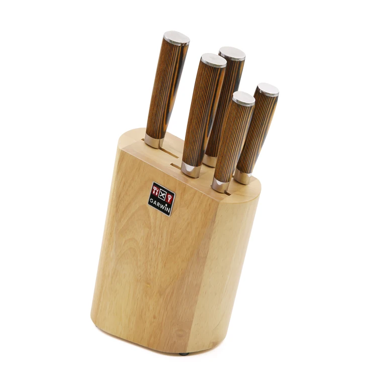 High Quality 5 pcs Japanese Stainless Steel Kitchen Knife Block Set with Pakka Wood Handle with Rubber Wood Block