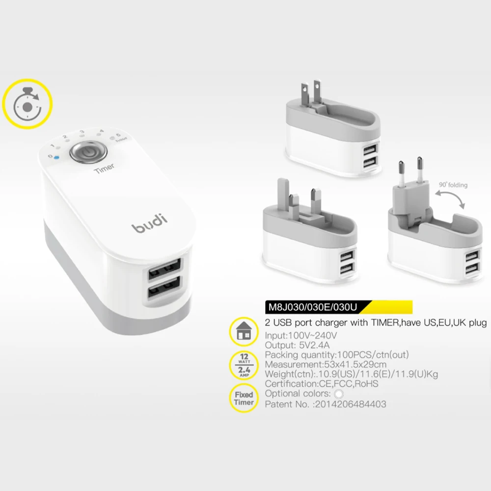 budi/oem new arrival dc timer switch charger fast mobile charger foldable plug with 2 usb timer charger