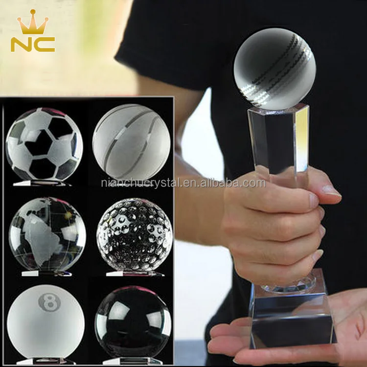 Cheap Pujiang Laser Engraving Cricket K9 Crystal Ball Trophy For Cricket Match