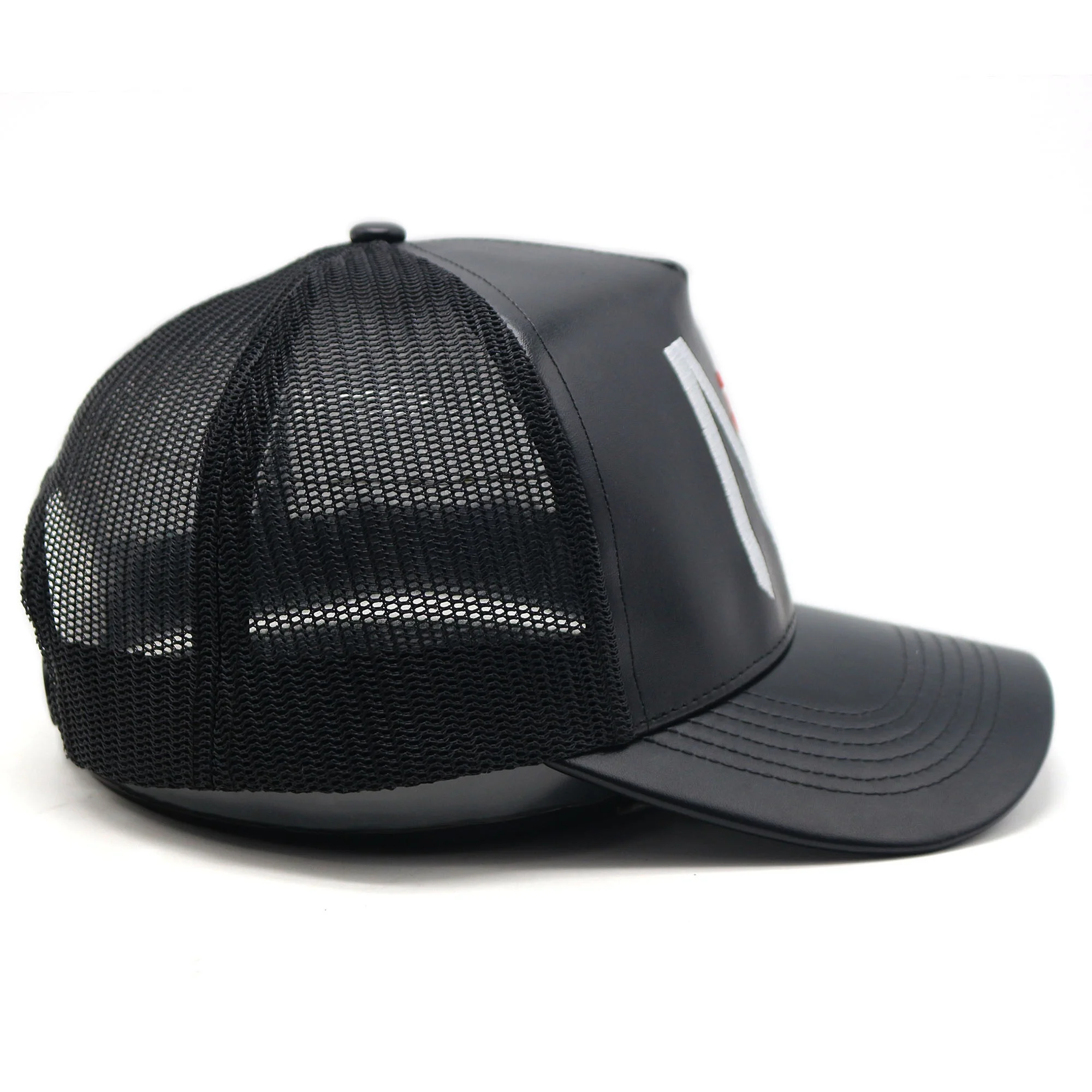 5 panel black leather mesh trucker hats with custom embroidery logo