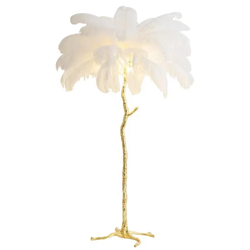Dropshipping Modern Luxury Palm Tree Shape Copper Stand Ostrich Feather Floor Lamp for Home Decoration