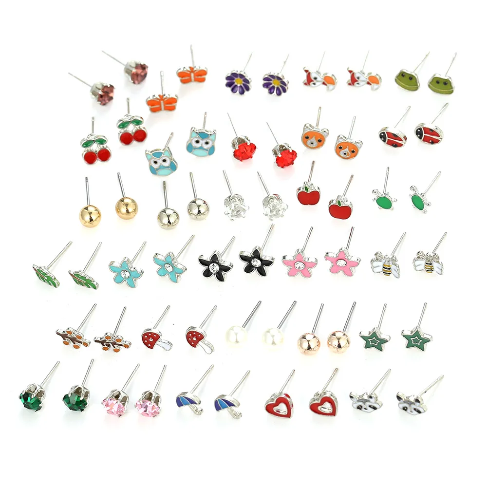 30 Pairs Mixed Colors Cute Enamel Daisy Mushroom Frog Fox Animal Stud Earrings Kids Jewelry Set
