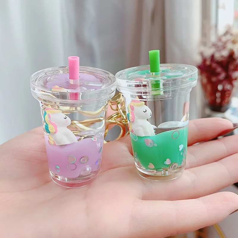 CustomMoving Liquid Quicksand Cute Keychain Charms Milk tea  Daisy Floating Keyring for Women Charm Bag Pendant Kids Gift