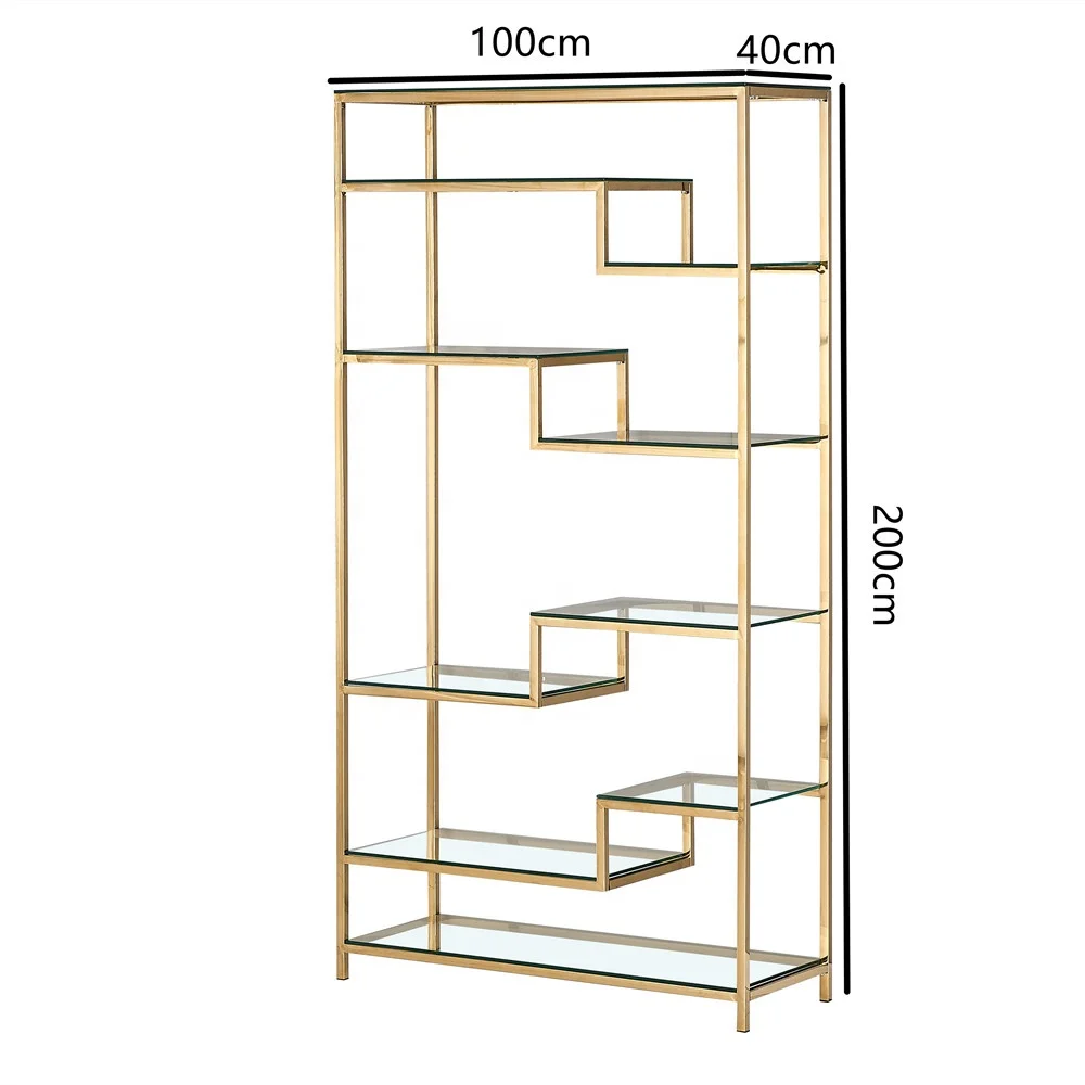 2022 Home Office Furniture Customized Luxury Modern Gold Stainless Steel And Glass Bookcase Storage Cabinet Rack Bookshelf