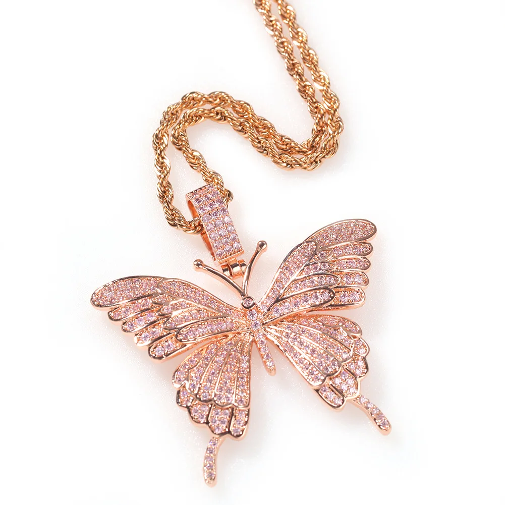 Pink color Small Cute Fine lovely butterfly necklace jewelry gift for girl hip hop iced out pink butterfly necklace