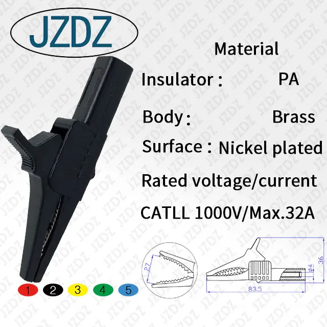 
JZDZ J.60039 4mm safety banana jack gun test clip copper plated nickel insert insulation large safety alligator clip 