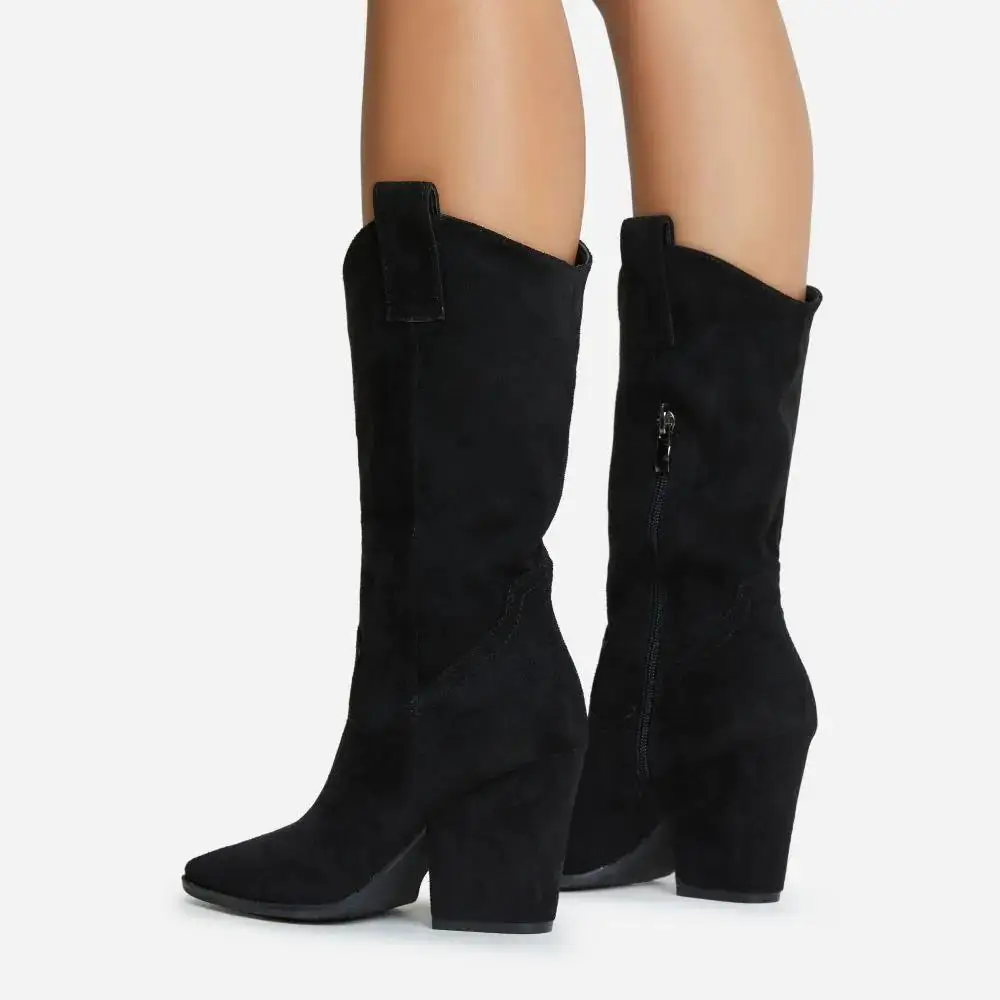 Bock heel point  toe  western cowboy in black faux suede middle calf ankle boots  for  women and  laddies women   ankle  boots