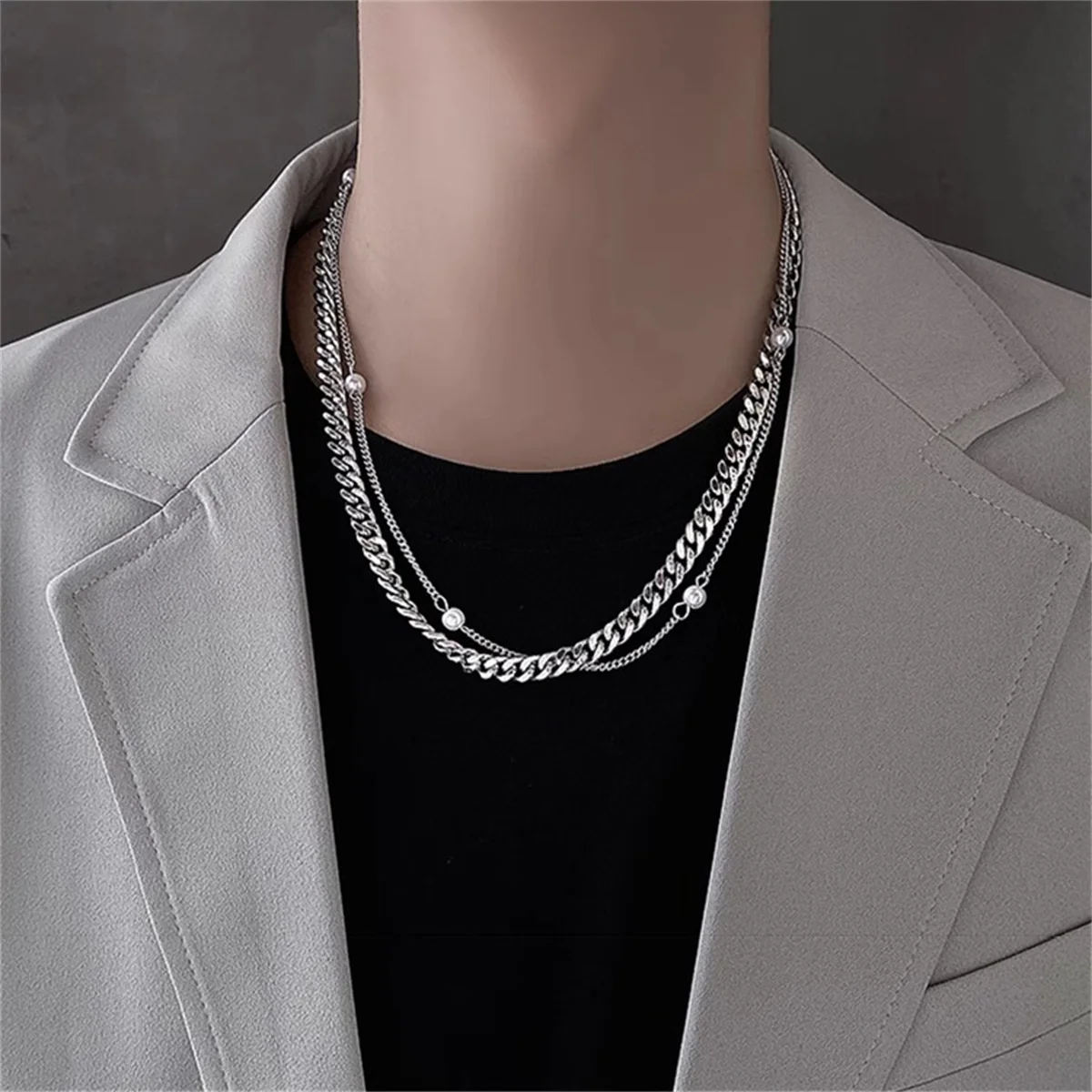 Thick Titanium Steel Chain with Imitated Pearl Necklace for Men/Women Korean Fashion Chunky Neck Chain Accessories Jewelry Gifts