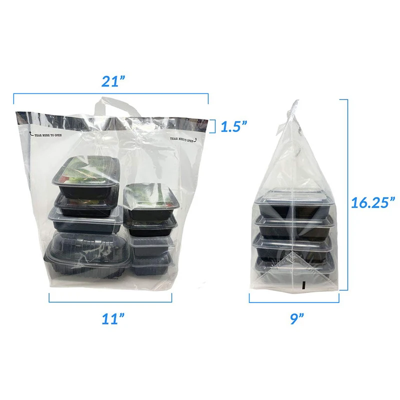 Customized Restaurant Adhesive Seal Tamper Proof Food Delivery Clear Plastic Hand Bag Reusable Carry Out Bag