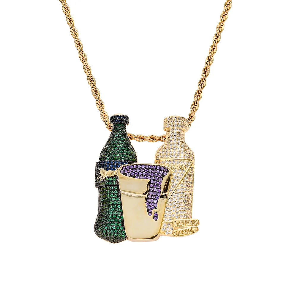 DUYIZHAO Wholesale Hip Hop Bling Jewelry Beer Bottle Pendant Sprite Cola Gold Plated Pendants Copper Inlaid Zircon Necklace