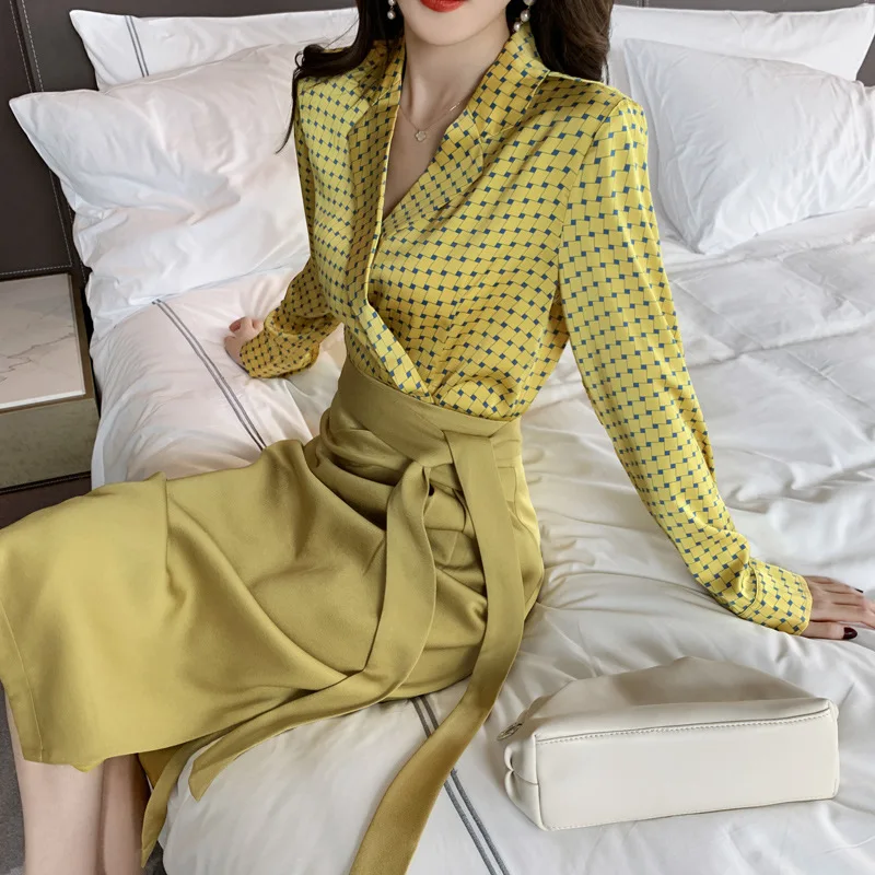 ZYHT 4221 оптовая продажа Элегантная Шелковая атласная блузка желтого цвета в клетку с длинным рукавом