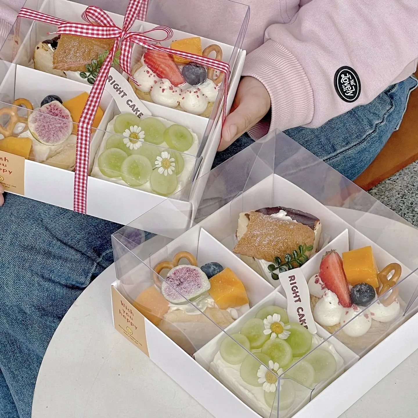 IMEE 6 Pieces 9 Compartment Sweet Mini Cake Cookie Snack Afternoon Tea White Red Square Clear Top Folded Box for Picnic