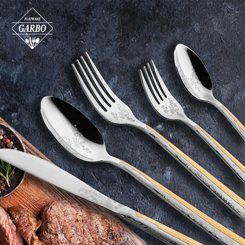 Luxury Cutlery Set Stainless Steel 18/10 Flatware Vintage Wedding Gold Cutlery with custom laser logo on spoon