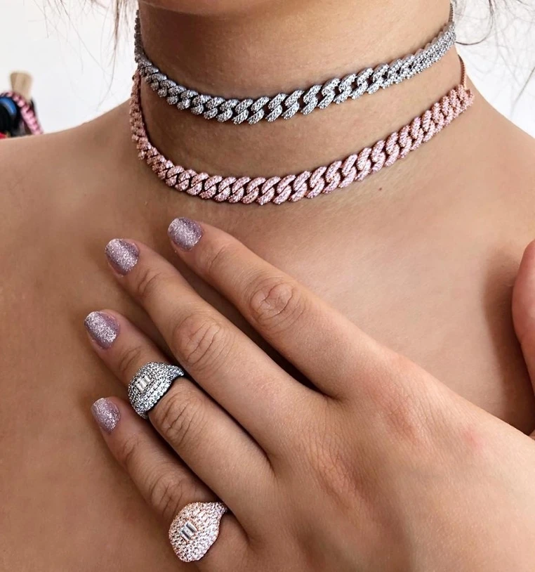 Iced Out Hip Hop Bling 8mm Miami Cuban Link Chain Necklace for Women Mini CZ Adjust Choker Jewelry Party Gift