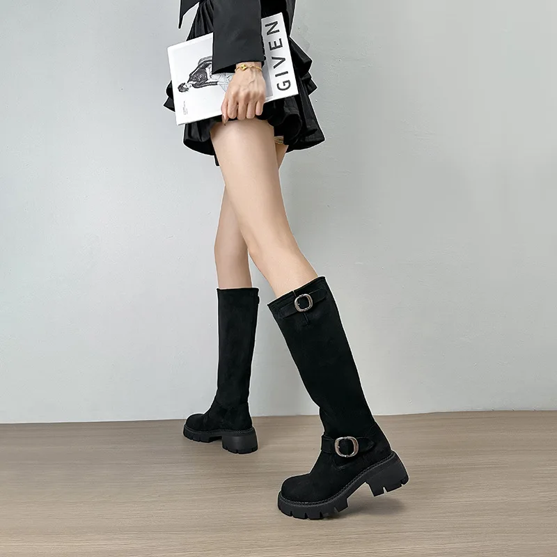 Custom Logo Ladies Knee-High Western Boot Winter Autumn Comfortable Toe Design Vintage Thick Heel PU Insole Solid Velour Fabric