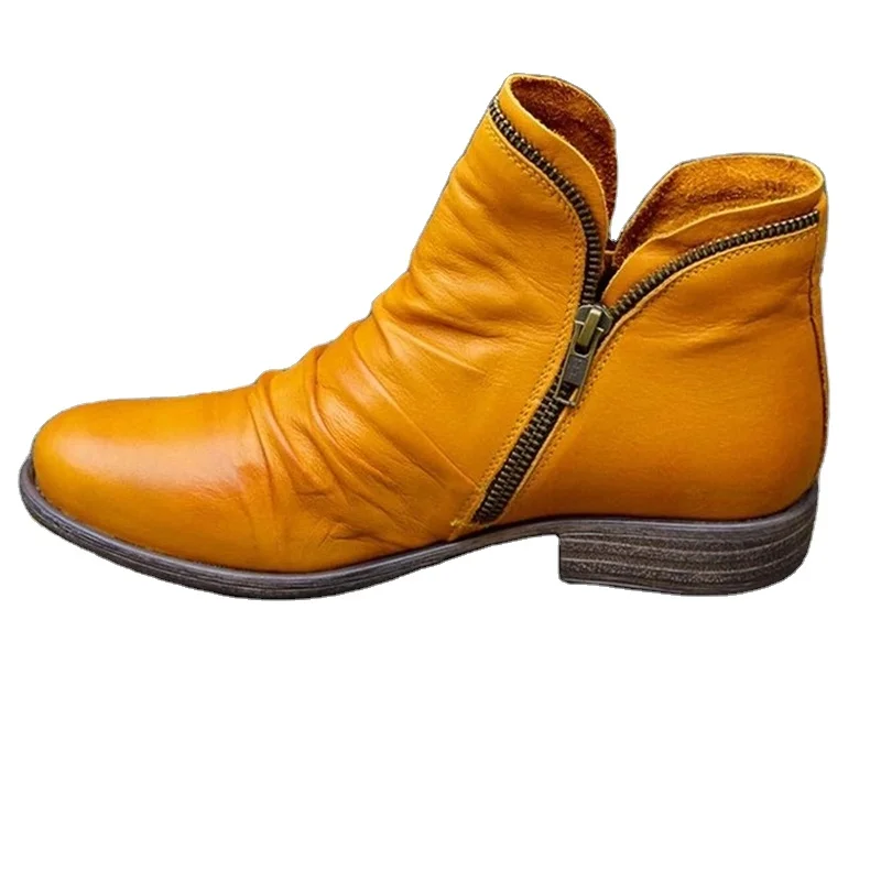 Women PU Leather Ankle Boots Women Autumn Winter Zipper Vintage Women Punk Boots Flat Ladies Shoes Flat Short Snow Boots Mujer