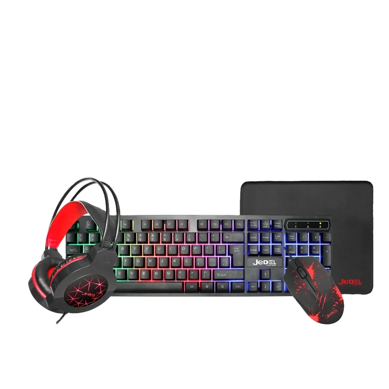 Jedel gaming 4-in1 Gaming Keyboard Mouse Headset Combo RGB Rainbow LED Backlight Gamer Keyboard and Crack Game Mouse Illuminate