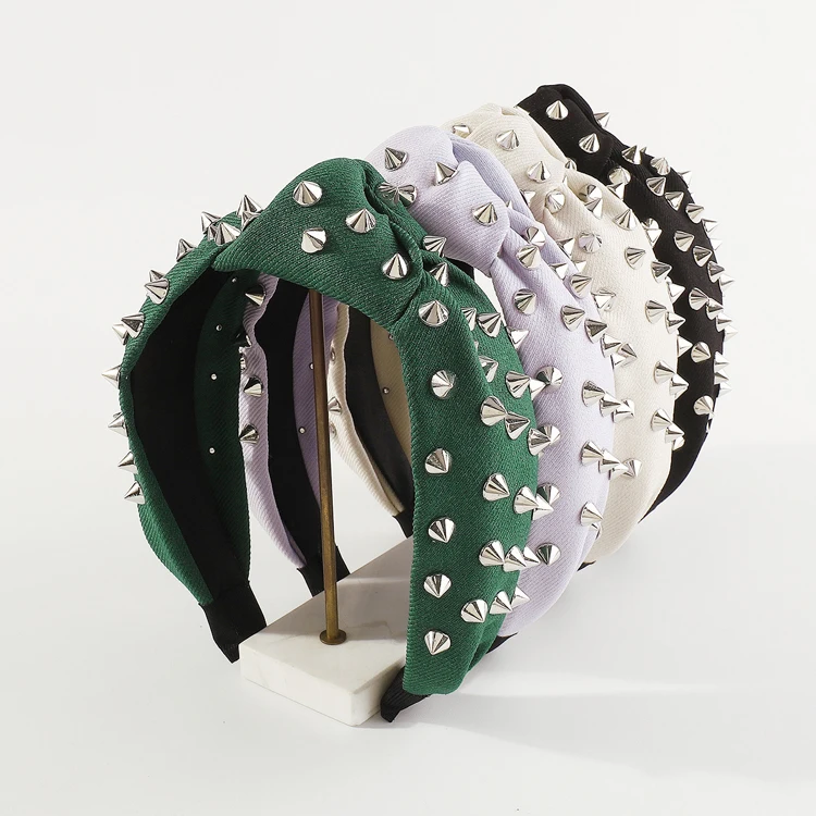 Exaggerated retro solid color fabric knot headband personalized fashion rivet wide edge hair band hair accessories for women