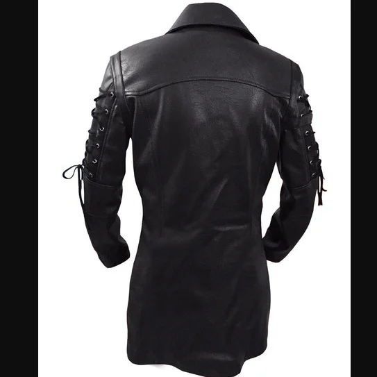 Mens Punk Leather Jacket Button Drawstring Long PU Leather Jacket Plus Size Moto Biker Leather Jacket 5XL